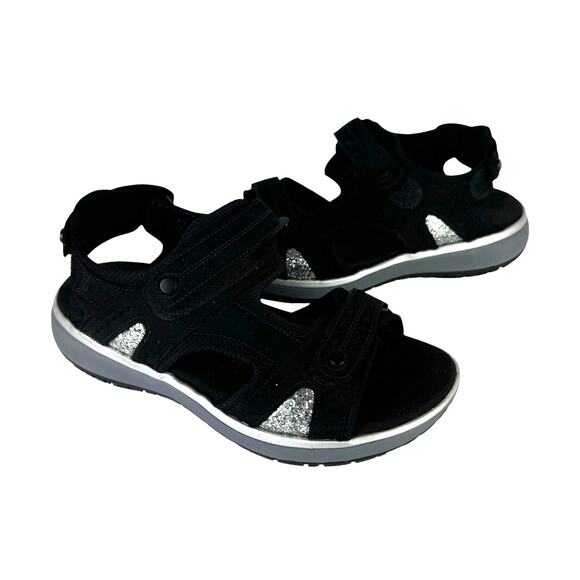 SAS Embark Black Suede Leather Silver Glitter Hook and Loop Comfort Sandals - Picture 1 of 11